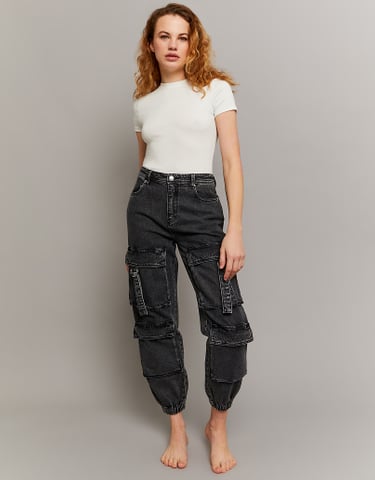 TALLY WEiJL, Black High Waist Jogger Cargo Jeans for Women