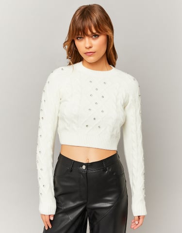 TALLY WEiJL, White Cable Knit Jumper with Rhinestone for Women