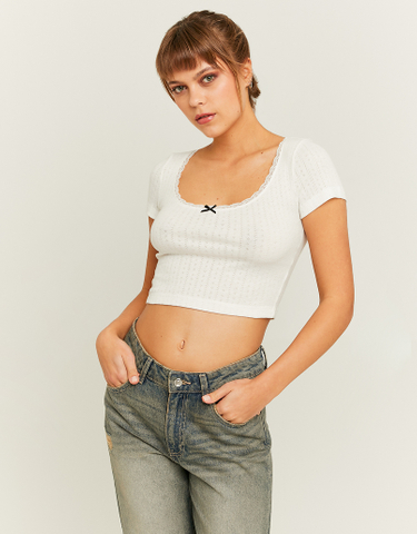 TALLY WEiJL, T-shirt blanc basique en pointelle avec détails romantiques for Women