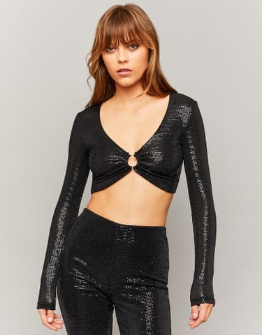 TALLY WEiJL, Black Sequins Cropped Top for Women