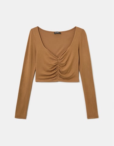 TALLY WEiJL, Top Manches Longues plissé Marron for Women