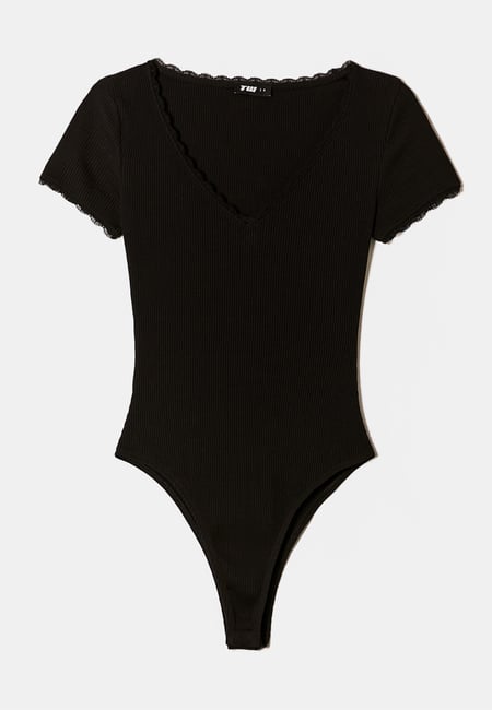 TALLY WEiJL, Black Basic Bodysuit with Lace Trims for Women