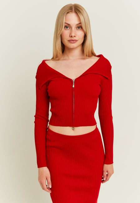 TALLY WEiJL, Red Off Shoulder Cardigan with a Zip for Women