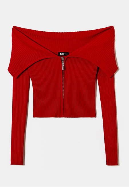 TALLY WEiJL, Red Off Shoulder Cardigan with a Zip for Women