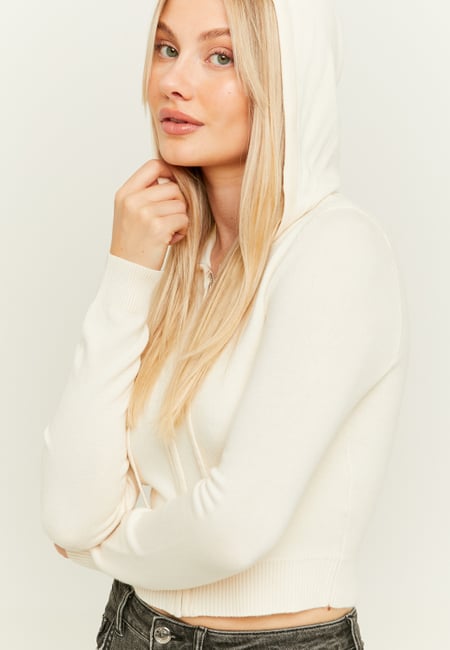 TALLY WEiJL, Beige Knit Zip Up Cardigan with Hood for Women