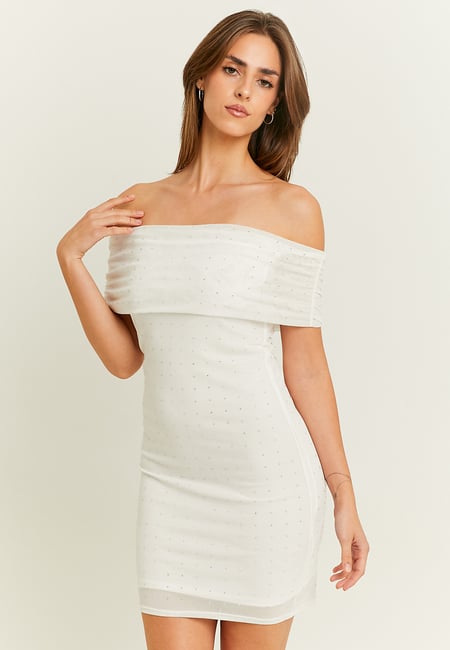 TALLY WEiJL, White Off-Shoulder Dress with Strass for Women