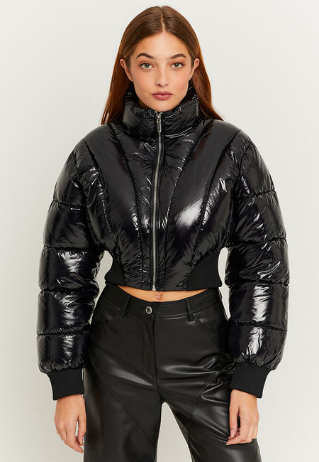 TALLY WEiJL, Schwarze Gefütterte Cropped Jacke Mit Vinyl Effect for Women