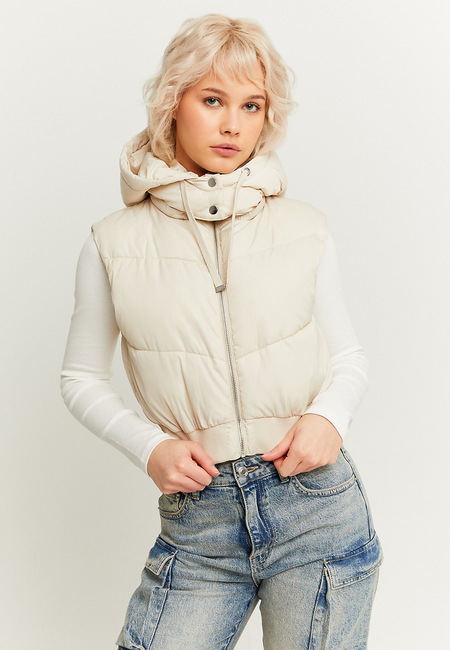 TALLY WEiJL, Beige Cropped Padded Vest with Removable Hood for Women