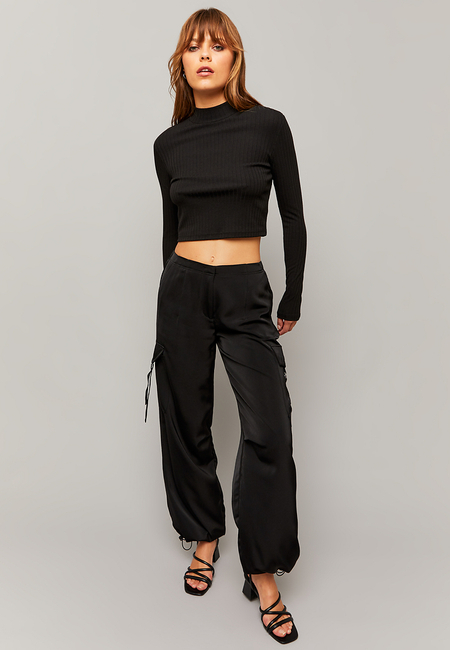 TALLY WEiJL, Black Satin Cargo Parachute Trousers for Women