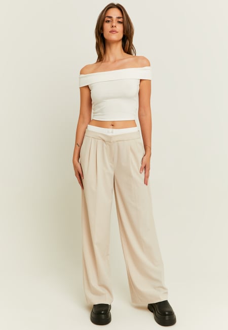 TALLY WEiJL, Double Waist Beige Wide Leg Trousers for Women