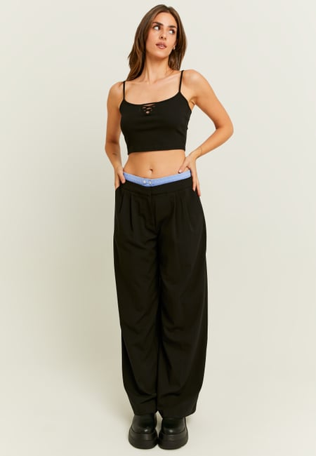 TALLY WEiJL, Double Waist Black Wide Leg Trousers for Women