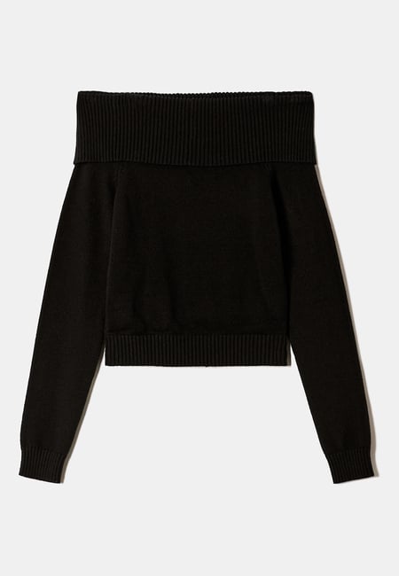 TALLY WEiJL, Black Fitted Knit Jumper with Off-Shoulder Fold for Women