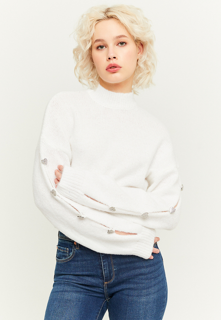 TALLY WEiJL, White Light Knit Jumper with Sleeves Jewel Buttons for Women