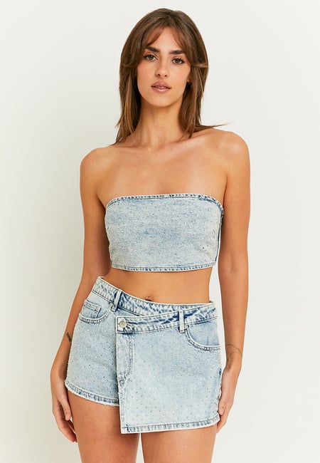 TALLY WEiJL, Embellished Denim Crop Top for Women