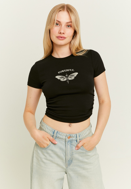 TALLY WEiJL, Black Printed Crop T-Shirt for Women