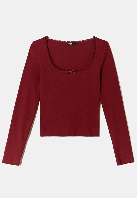 TALLY WEiJL, Burgundy Basic T-Shirt with Lace Detail for Women