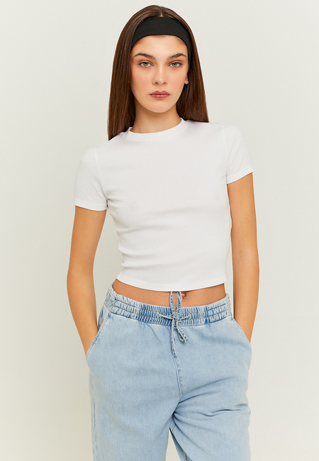 TALLY WEiJL, Λευκό Cropped μπλουζάκι με κοντό μανίκι for Women