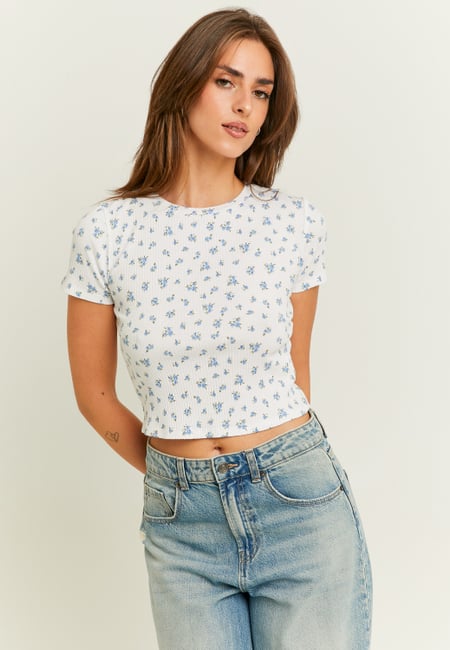 TALLY WEiJL, White Floral Cropped Basic T-Shirt for Women