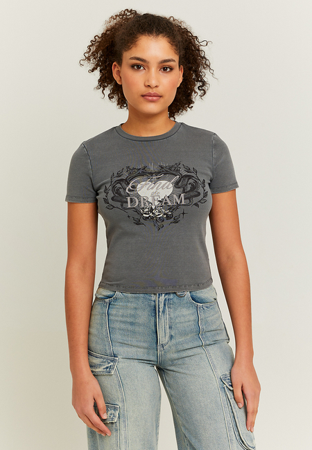 TALLY WEiJL, Grey Acid Wash Printed T-shirt for Women