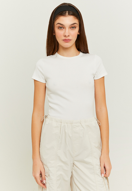 TALLY WEiJL, White Ribbed Basic T-shirt for Women