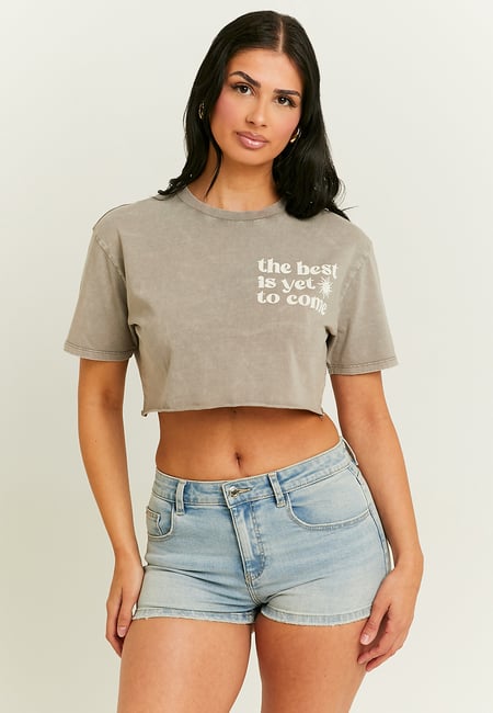 TALLY WEiJL, Grey Cropped Printed T-Shirt for Women