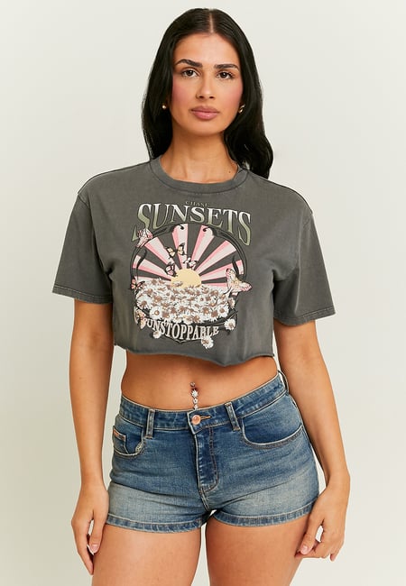 TALLY WEiJL, Acid Wash Cropped Printed T-Shirt for Women