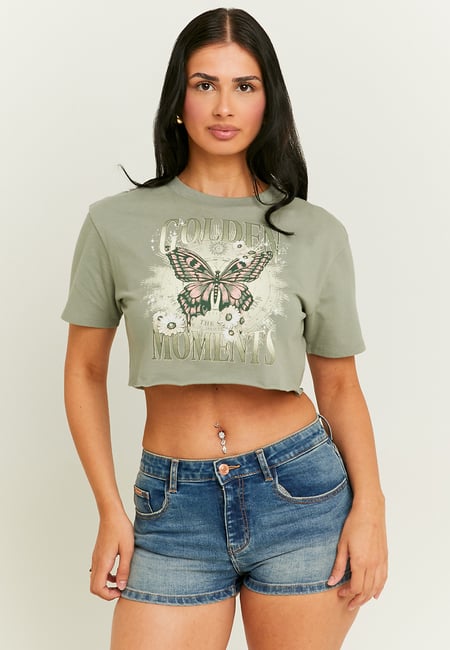 TALLY WEiJL, Acid Wash Cropped Printed T-Shirt for Women