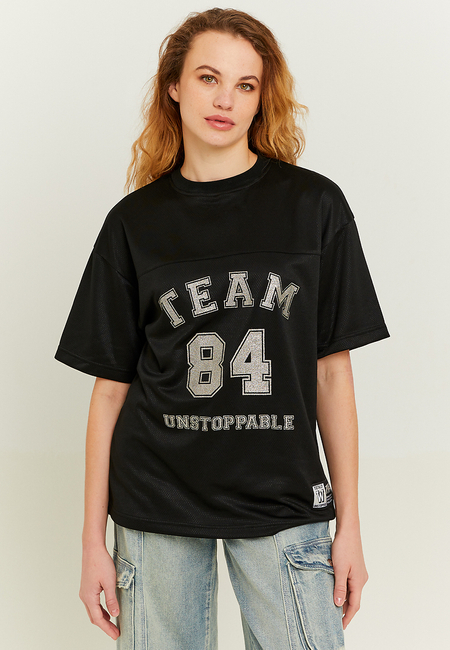 TALLY WEiJL, Top oversize noir avec paillettes argentées style T-Shirt de Football for Women