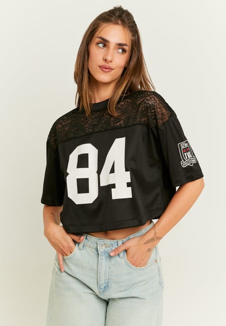 TALLY WEiJL, Cropped Black Lace Football T-Shirt for Women