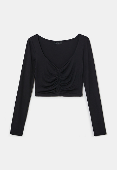 TALLY WEiJL, Black Pleated Long Sleeves Top for Women