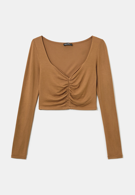 TALLY WEiJL, Top Manches Longues plissé Marron for Women