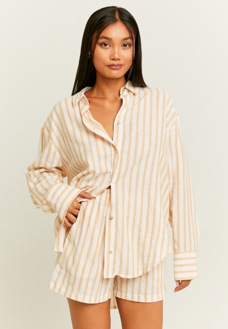 TALLY WEiJL, White Oversize Shirt with Yellow Stripes for Women