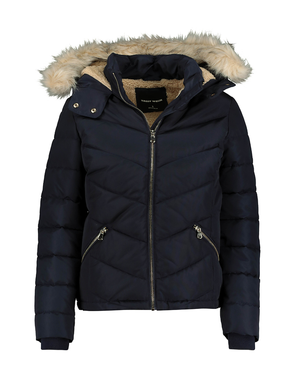 navy faux fur trim hooded puffer jacket