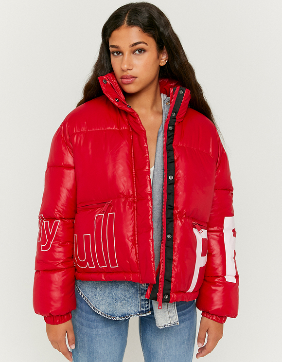 red cropped puffer coat
