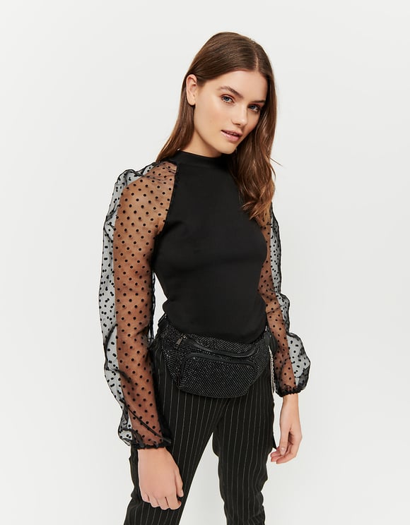 Black Balloon Mesh Sleeves Top | TALLY WEiJL Online Shop