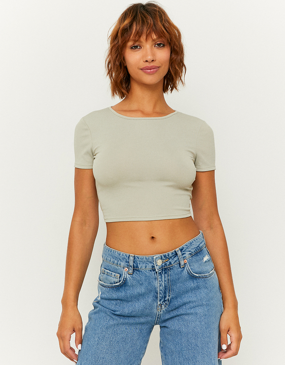 Cropped Ribbed Cut Out Top Beige