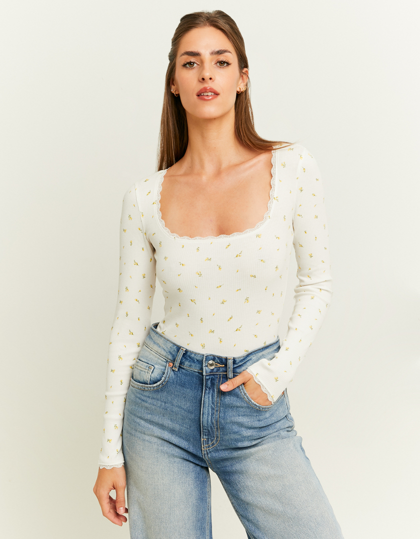 TALLY WEiJL, Floral Print Basic Bodysuit with Lace Detail for Women