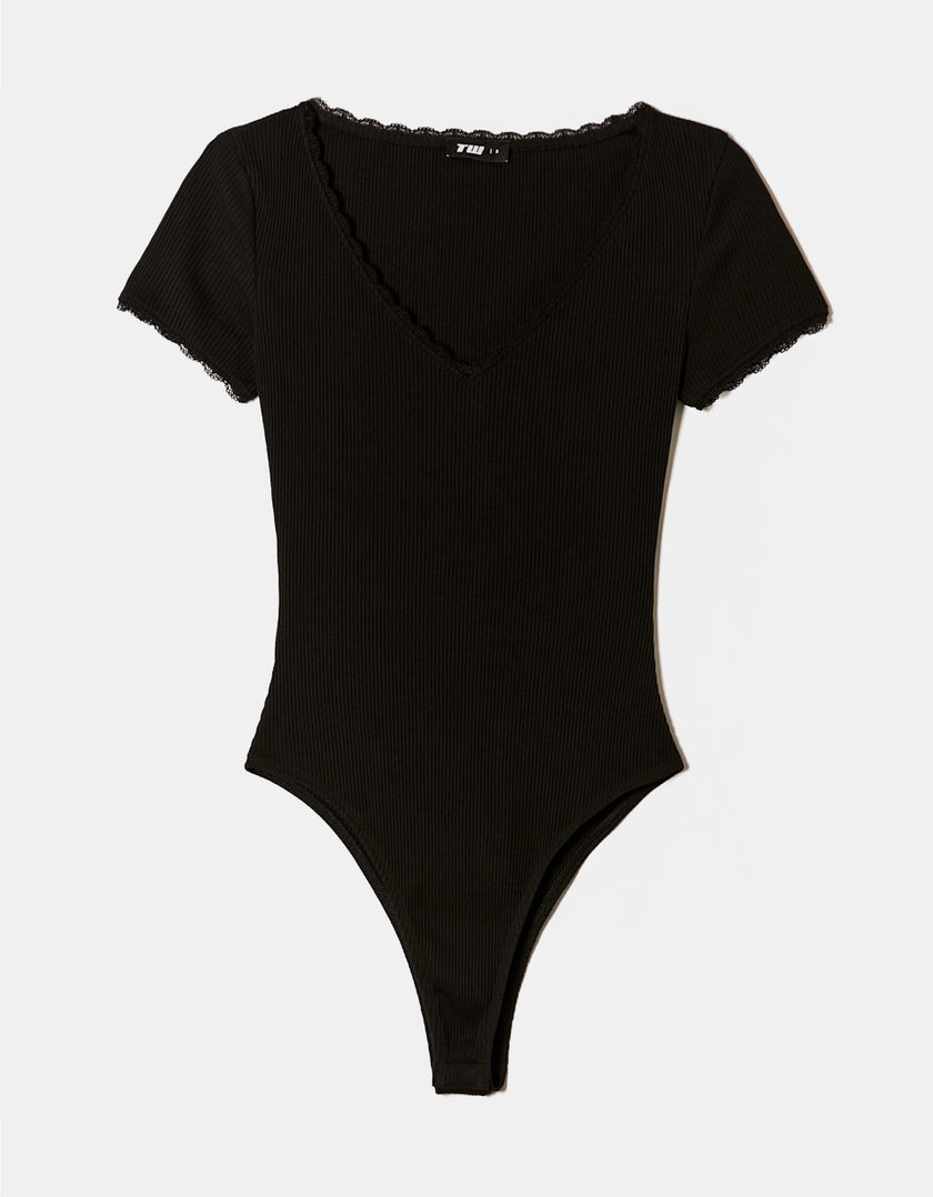 TALLY WEiJL, Black Basic Bodysuit with Lace Trims for Women