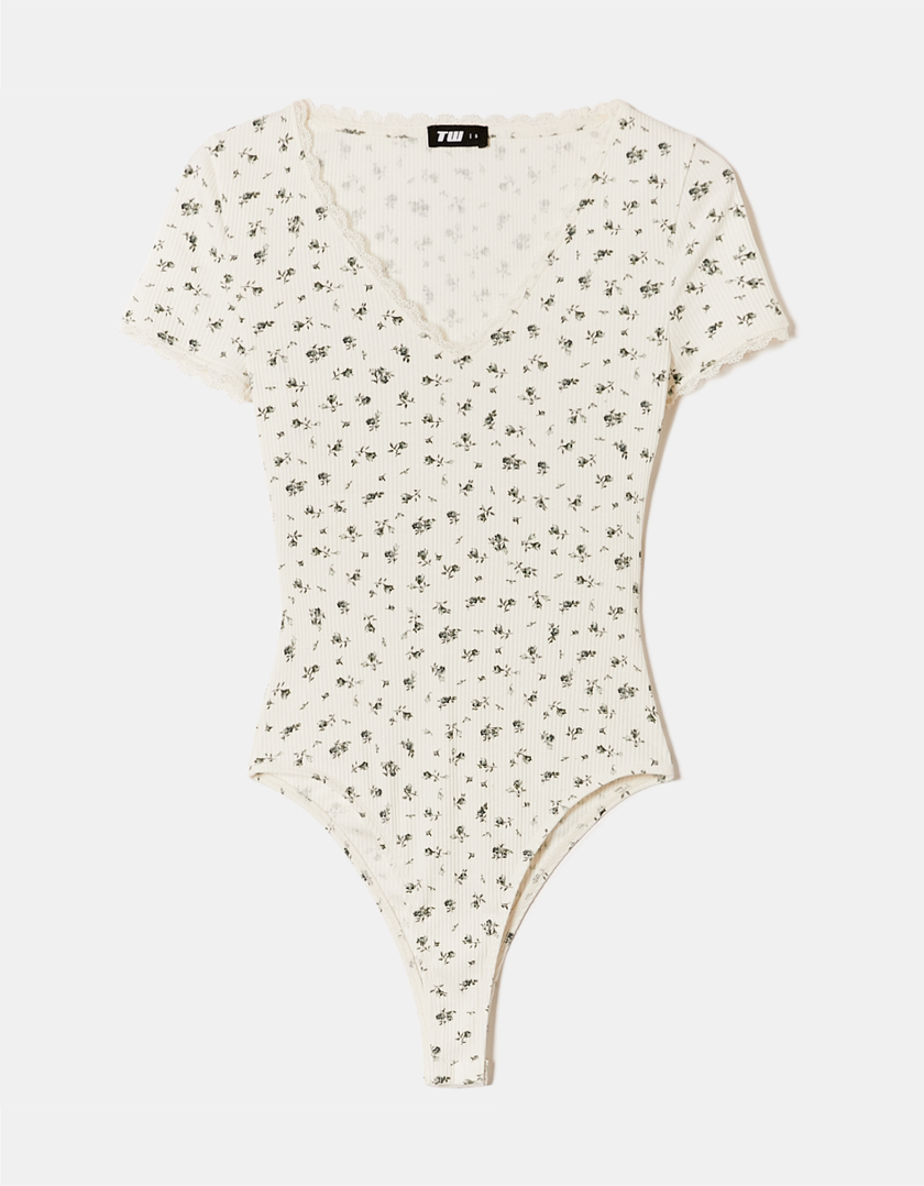 TALLY WEiJL, Floral Basic Bodysuit with Lace Trims for Women