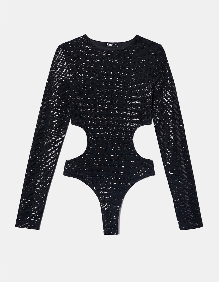 TALLY WEiJL, Black Sequins Cut Out Bodysuit for Women