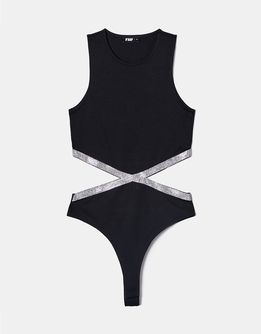 Black Cut Out Bodysuit with Strass