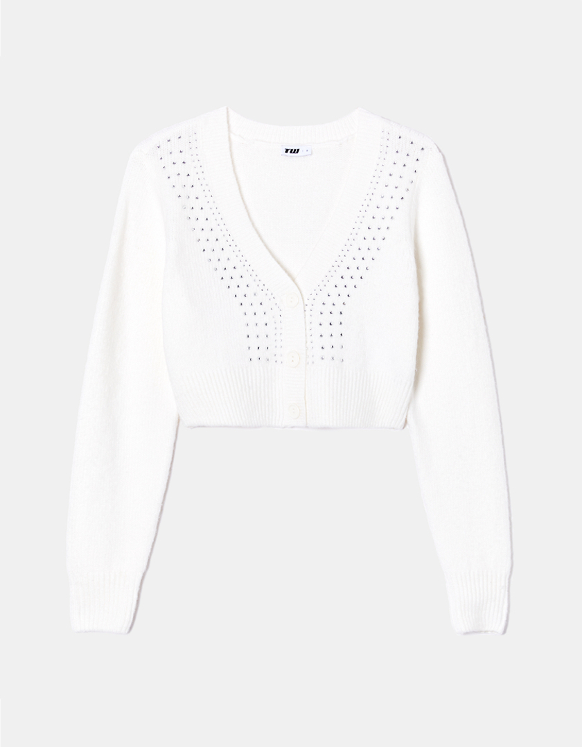 TALLY WEiJL, White Cropped Cardigan with Rhinestone for Women