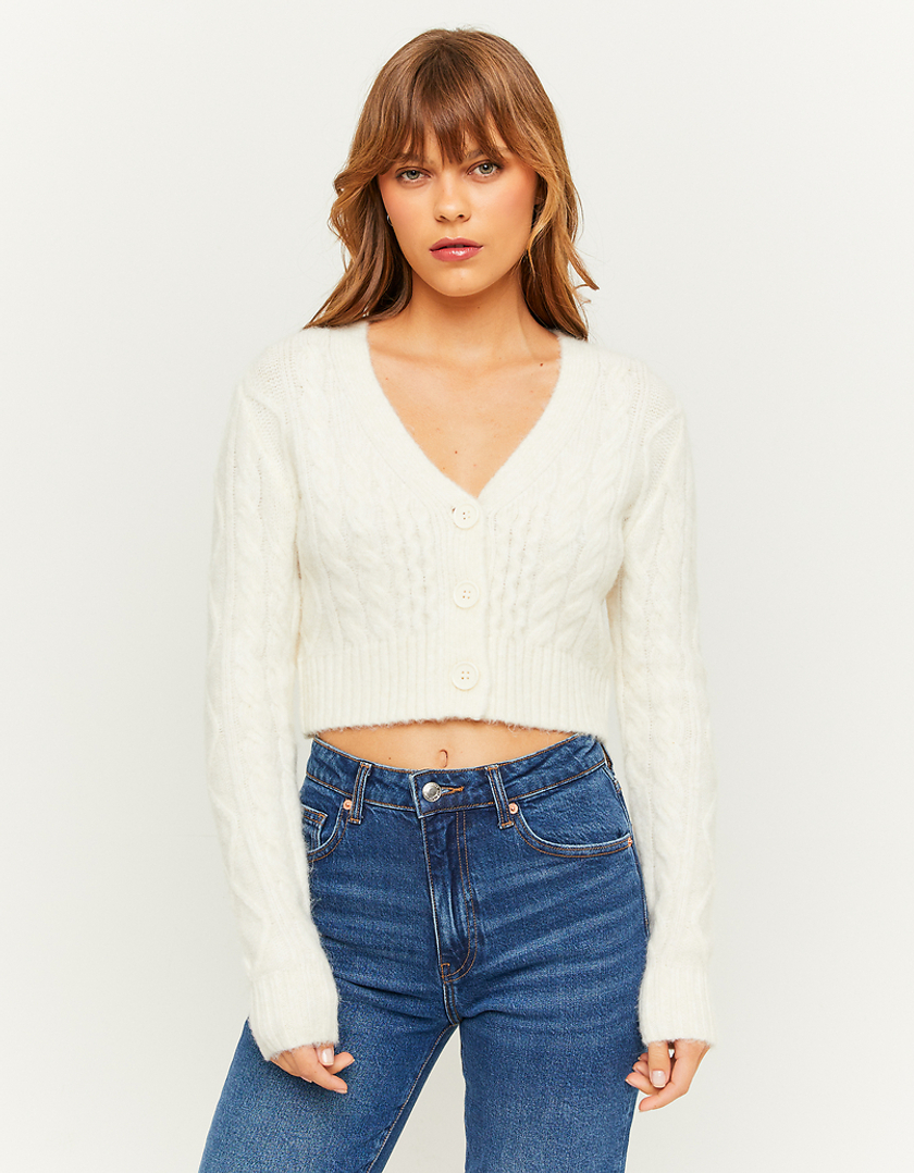 TALLY WEiJL, White Cable Knit Cropped Cardigan for Women