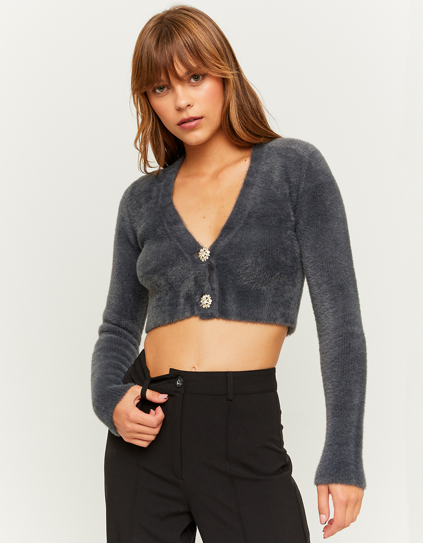 TALLY WEiJL, Graue Cropped Strickjacke mit Strassknöpfen for Women