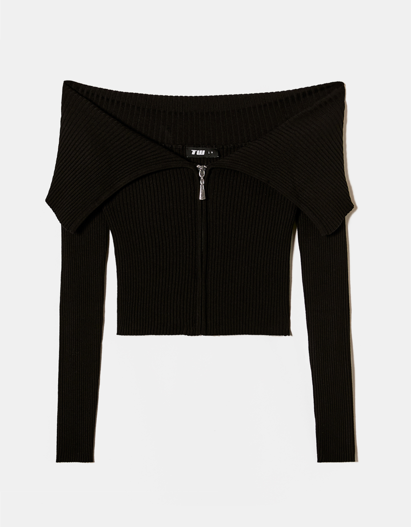 TALLY WEiJL, Black Off Shoulder Cardigan with a Zip for Women