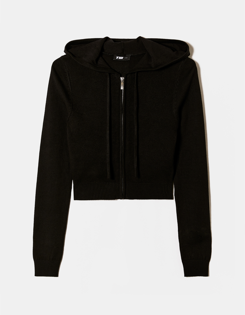 TALLY WEiJL, Black Knit Zip Up Cardigan with Hood for Women