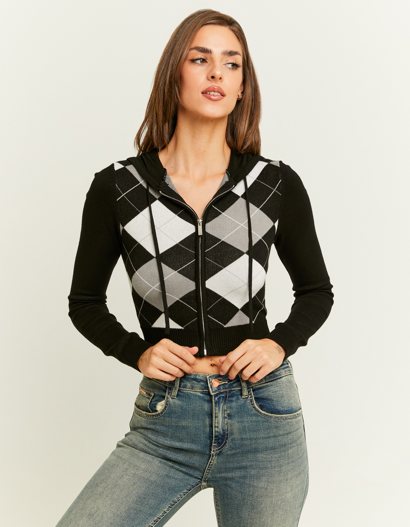 TALLY WEiJL, Checkered Knit Zip Up Cardigan with Hood for Women