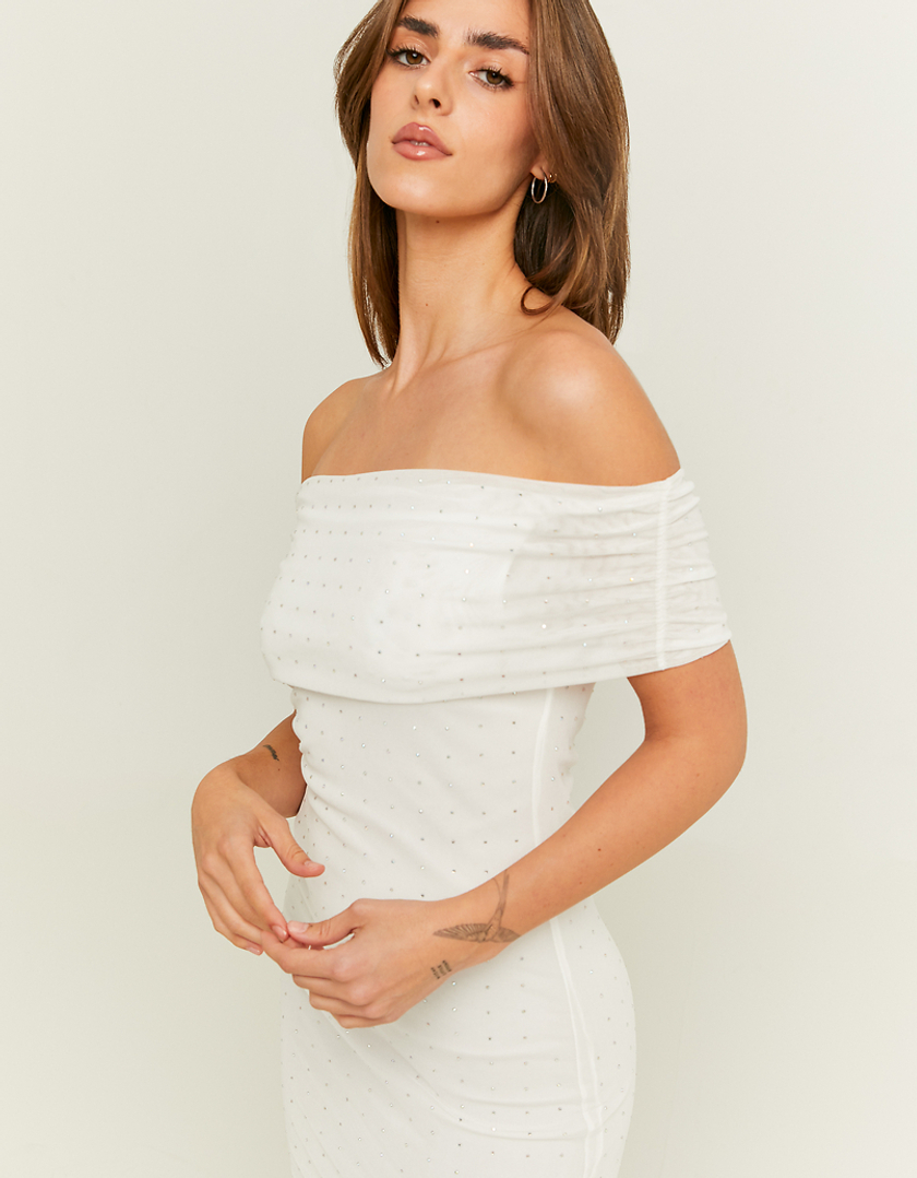 TALLY WEiJL, White Off-Shoulder Dress with Strass for Women