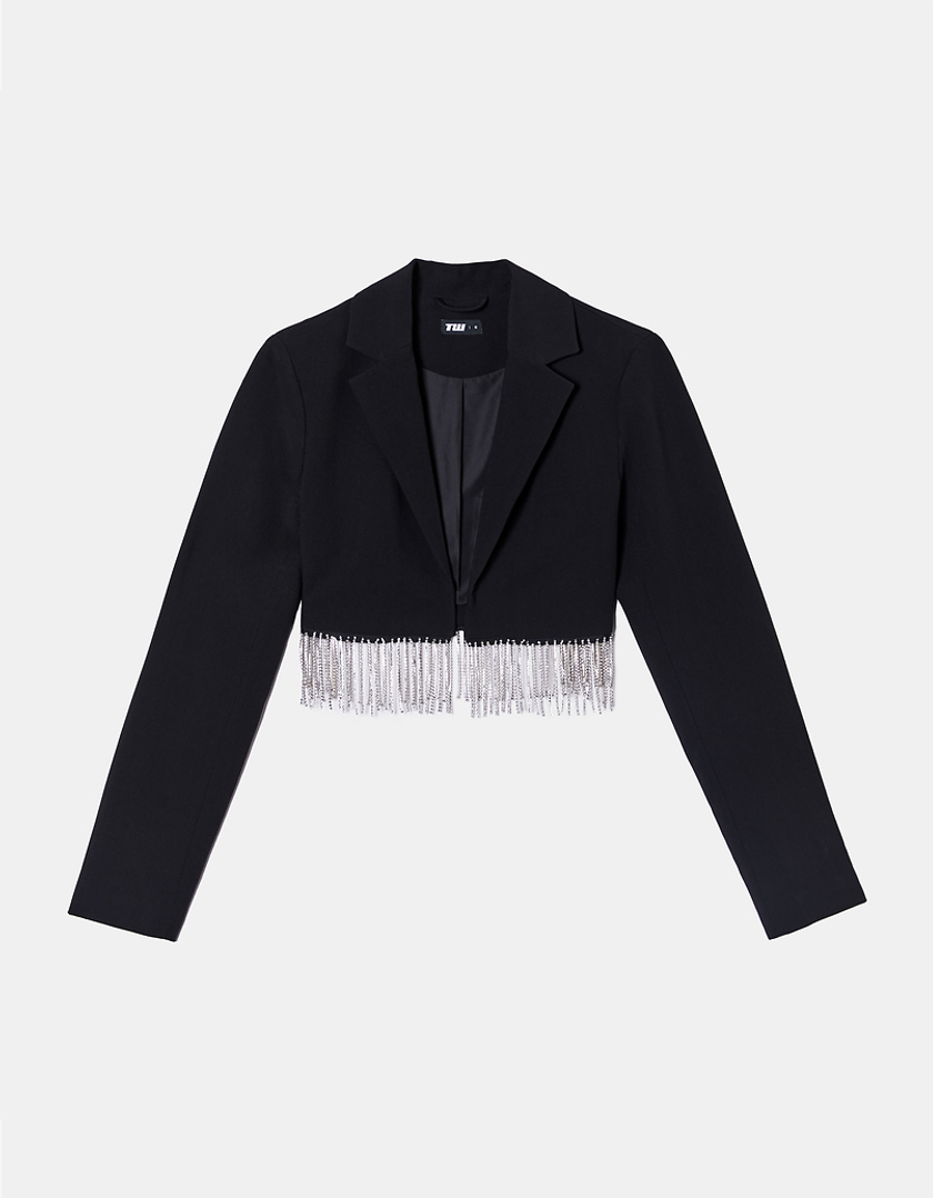 TALLY WEiJL, Black Cropped Blazer with Waterfall Strass for Women