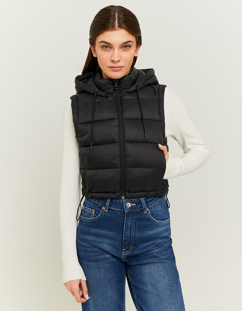 TALLY WEiJL, Black Cropped Padded Vest with Hood for Women